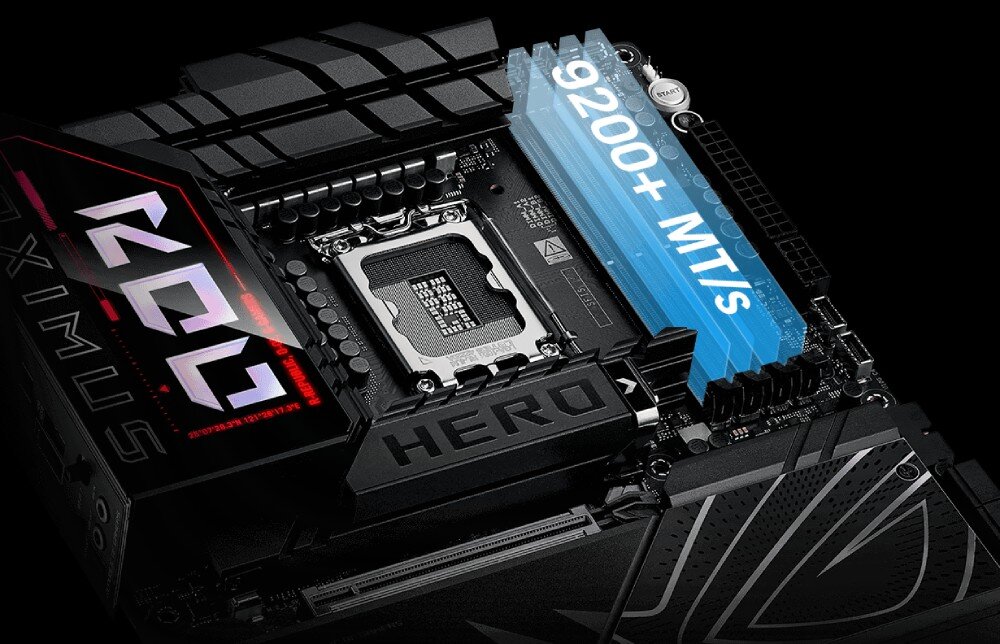 Płyta główna ASUS ROG Maximus Z890 Hero Płyta główna z graficzną prezentacją obsługi prędkości RAM przekraczającej 9200 MT/s, pokazane sloty pamięci, gniazda DIMM, pamięć DDR5, taktowanie, technologie