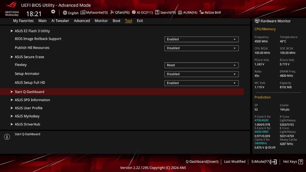 Płyta główna ASUS ROG Maximus Z890 Hero Ekran narzędzia UEFI BIOS Utility w trybie zaawansowanym, zakładka 'Tool', po prawej stronie panel monitorujący parametry CPU i pamięci, UEFI BIOS, konfiguracja, ustawienia