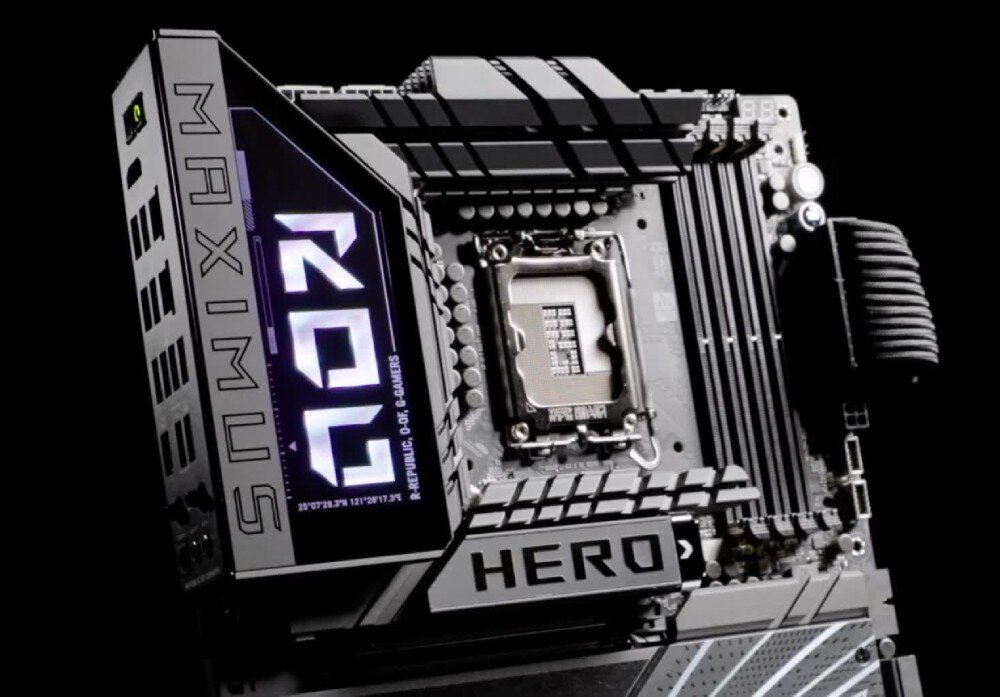 Płyta główna ASUS ROG Maximus Z890 Hero Płyta główna z jasnym podświetleniem logo 'ROG', widoczny socket CPU i sekcja zasilania, wygląd, podświetlenie, logo, złącza ARGB, aplikacja