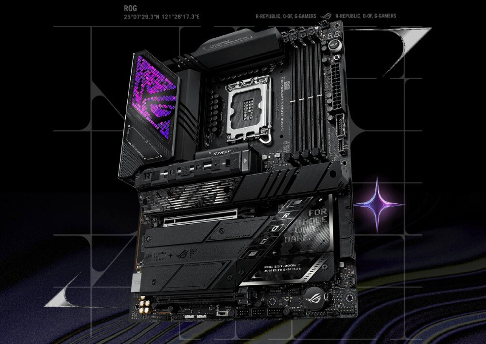 Płyta główna ASUS ROG Strix Z890-E Gaming WiFi obraz przedstawia płytę główną z podświetlanym logo w kolorze fioletowym, widoczne gniazdo procesora i cztery sloty na pamięć RAM, opis