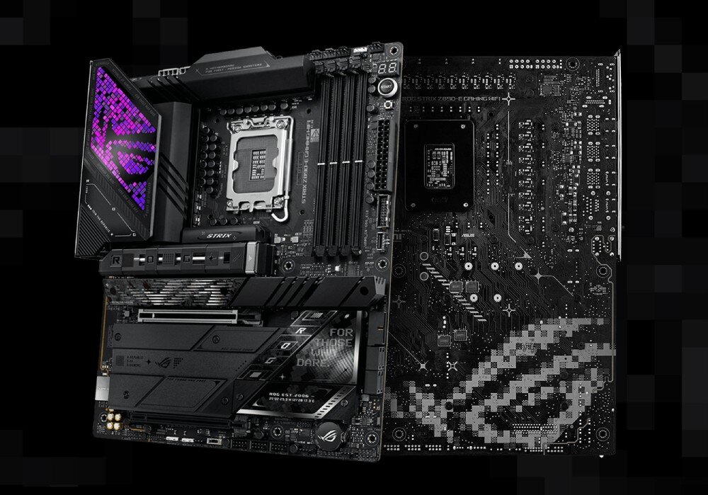 Płyta główna ASUS ROG Strix Z890-E Gaming WiFi widok przodu i tyłu płyty głównej ustawionej pionowo, z przodu widoczne podświetlenie RGB, z tyłu ścieżki układu scalonego i wzór graficzny, wygląd, styl, podświetlenie