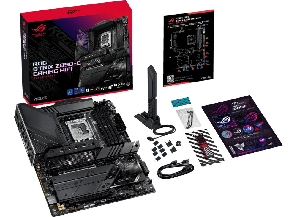 Płyta główna ASUS ROG Strix Z890-E Gaming WiFi zawartość opakowania płyty głównej rozłożona na białym tle, w zestawie m.in. antena Wi-Fi, przewody, instrukcje, naklejki i płyta główna