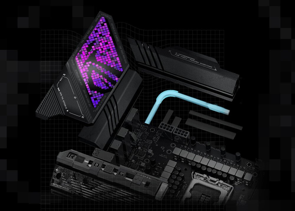 Płyta główna ASUS ROG Strix Z890-E Gaming WiFi pokazany demontaż radiatora sekcji zasilania z zaznaczoną rurką cieplną w kształcie litery 'U', chłodzenie, radiatory, backplate