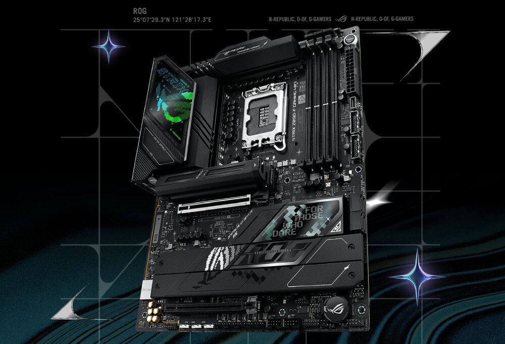 Płyta główna ASUS ROG Strix Z890-F Gaming WiFi Czarny laminat płyty głównej z podświetlanym napisem 'Strix' na osłonie radiatora i srebrnymi radiatorami sekcji zasilania, ustawiony na tle z geometrycznym wzorem i ciemnoturkusowym światłem, opis