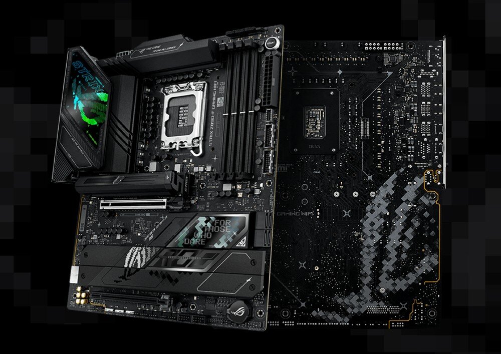 Płyta główna ASUS ROG Strix Z890-F Gaming WiFi Widok przodu i tyłu czarnej płyty głównej ułożonych obok siebie, z podświetlanymi napisami 'Strix' i 'For those who dare' oraz wzorem pikselowym na laminacie, wygląd, podświetlenie