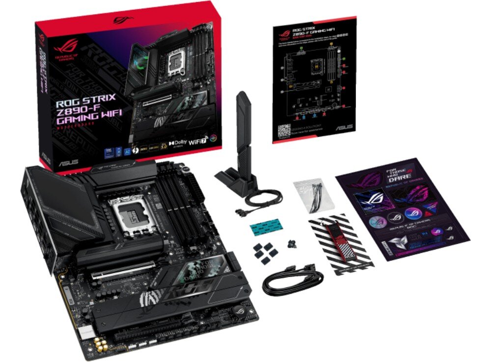 Płyta główna ASUS ROG Strix Z890-F Gaming WiFi Zestaw elementów widoczny z góry, obejmujący pudełko płyty głównej, samą płytę, antenę Wi-Fi, instrukcje, przewody, naklejki, śruby montażowe i akcesoria ułożone na białym tle