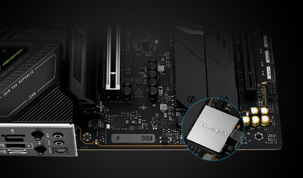 Płyta główna ASUS ROG Strix Z890-F Gaming WiFi Dolna część płyty głównej z widocznym panelem audio, gniazdami wejść i wyjść oraz powiększonym fragmentem układu dźwiękowego z napisem 'SupremeFX', dźwięk, układ audio