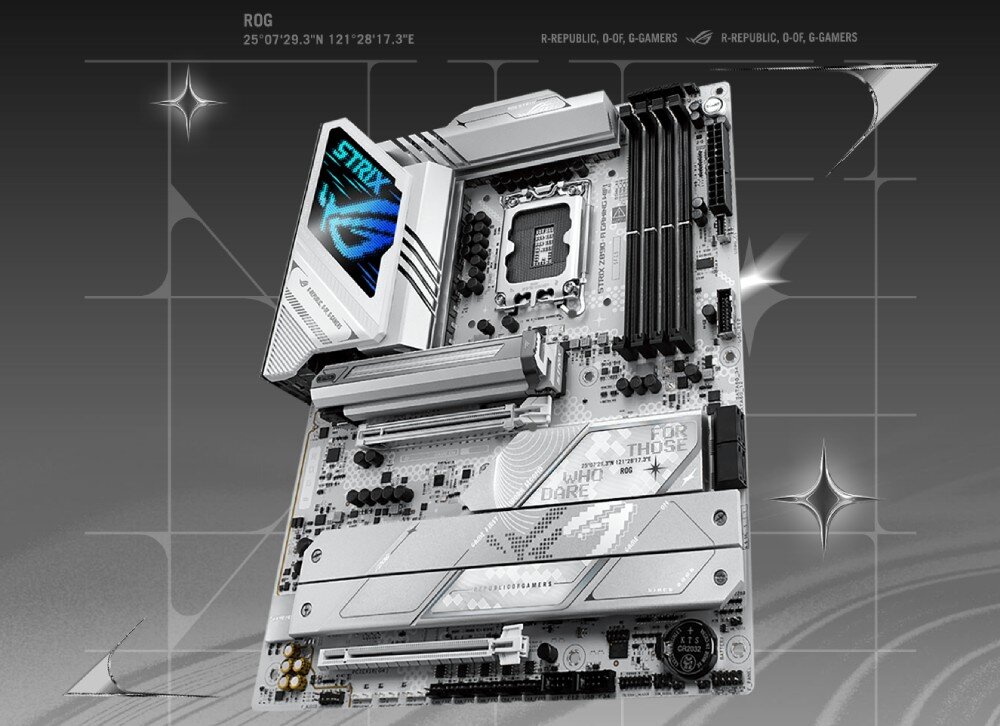 Płyta główna ASUS ROG Strix Z890-A Gaming WiFi Płyta główna zaprezentowana na szarym tle z ozdobnymi elementami graficznymi w postaci gwiazd i współrzędnych, opis