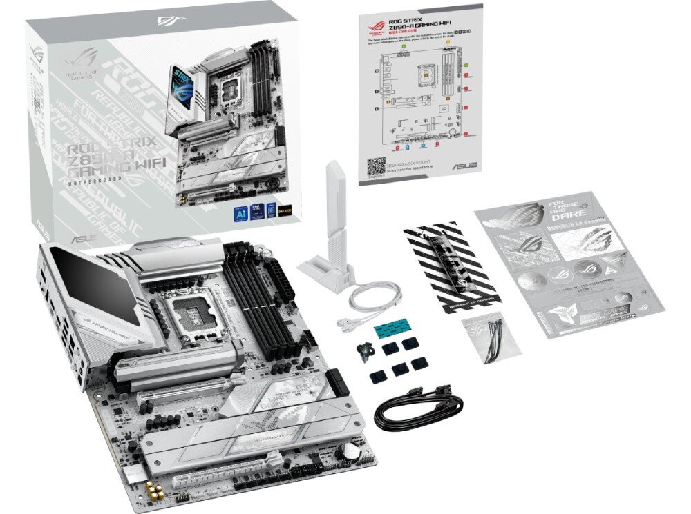 Płyta główna ASUS ROG Strix Z890-A Gaming WiFi Zawartość opakowania obejmująca płytę główną, pudełko, instrukcje, naklejki, antenę Wi-Fi oraz kable montażowe, zestaw
