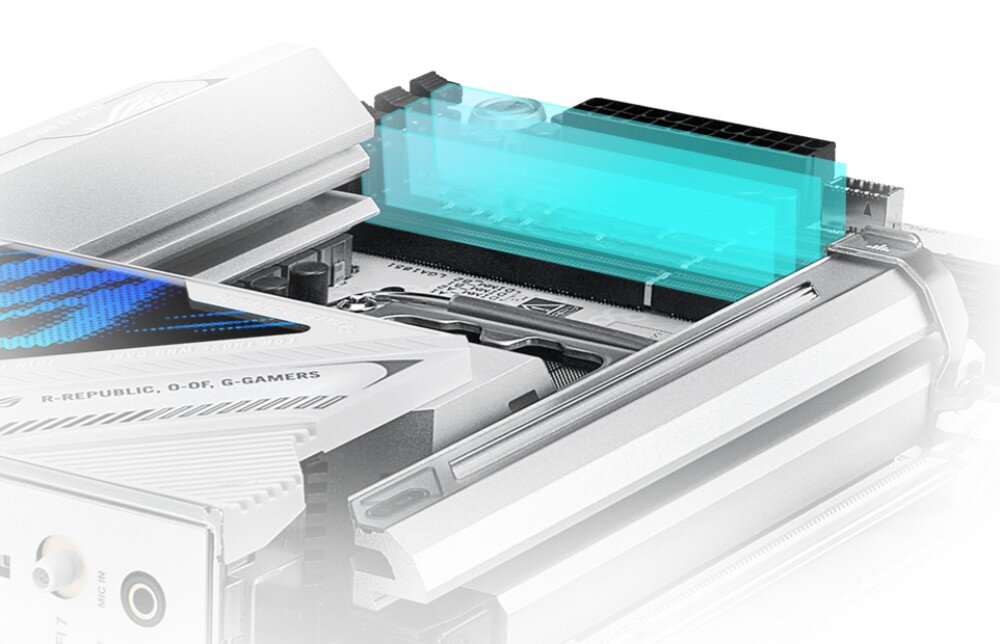 Płyta główna ASUS ROG Strix Z890-A Gaming WiFi Górna krawędź płyty z gniazdami pamięci RAM, nad którymi unosi się półprzezroczysty turkusowy blok graficzny, pamięć RAM, taktowanie, funkcje