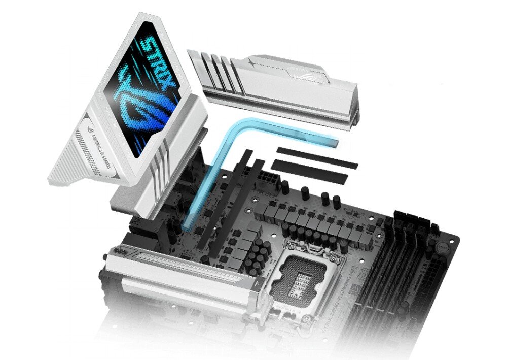 Płyta główna ASUS ROG Strix Z890-A Gaming WiFi Rozłożony na części układ chłodzenia VRM ukazujący aluminiowe radiatory, termopady oraz miedziany ciepłowód nad gniazdem procesora, chłodzenie, radiatory, temperatura, złącza wentylatorów