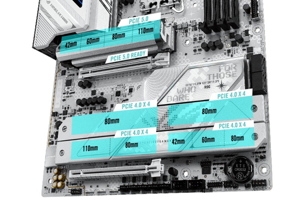 Płyta główna ASUS ROG Strix Z890-A Gaming WiFi Dolna część laminatu z oznaczonymi turkusowymi paskami gniazdami M.2 o różnych długościach i standardach PCIe, interfejs PCIe 5.0, wzmocnione złącze, przepustowość