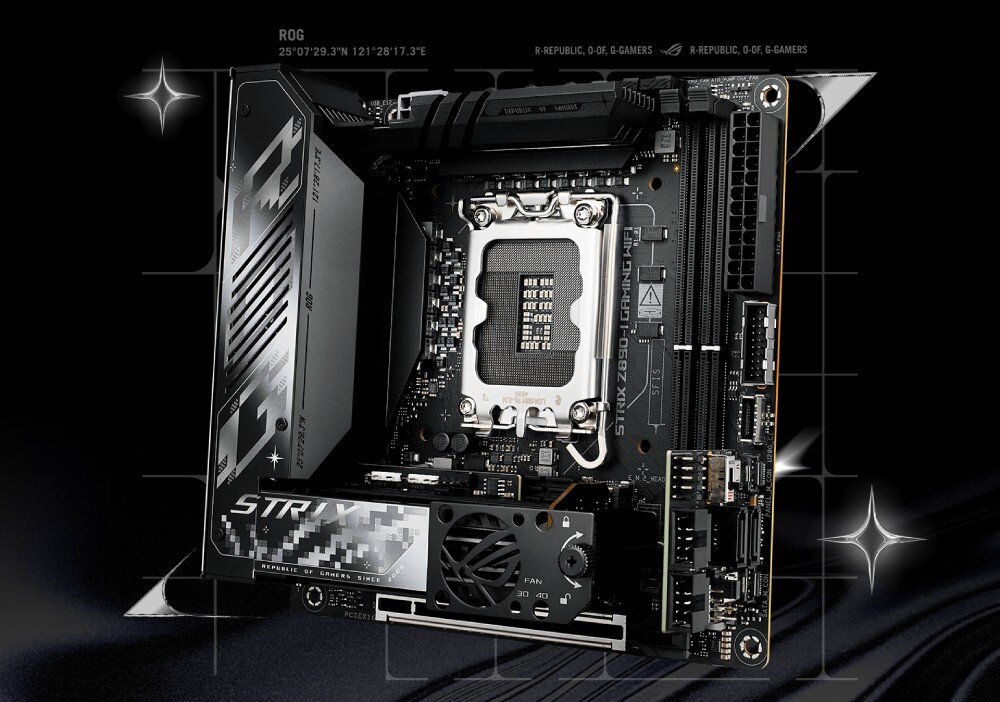 Płyta główna ASUS ROG Strix Z890-I Gaming WiFi Zbliżenie na płytę główną mini-ITX z widocznym gniazdem procesora, radiatorami i oznaczeniami 'STRIX' oraz detalami w kolorze srebrnym na czarnym tle, opis