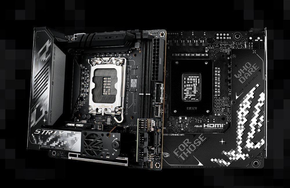 Płyta główna ASUS ROG Strix Z890-I Gaming WiFi Widok płyty głównej mini-ITX od góry i od spodu na czarnym tle z widocznym gniazdem procesora, radiatorami, złączami i napisami w kolorze białym i srebrnym, wygląd, obudowa