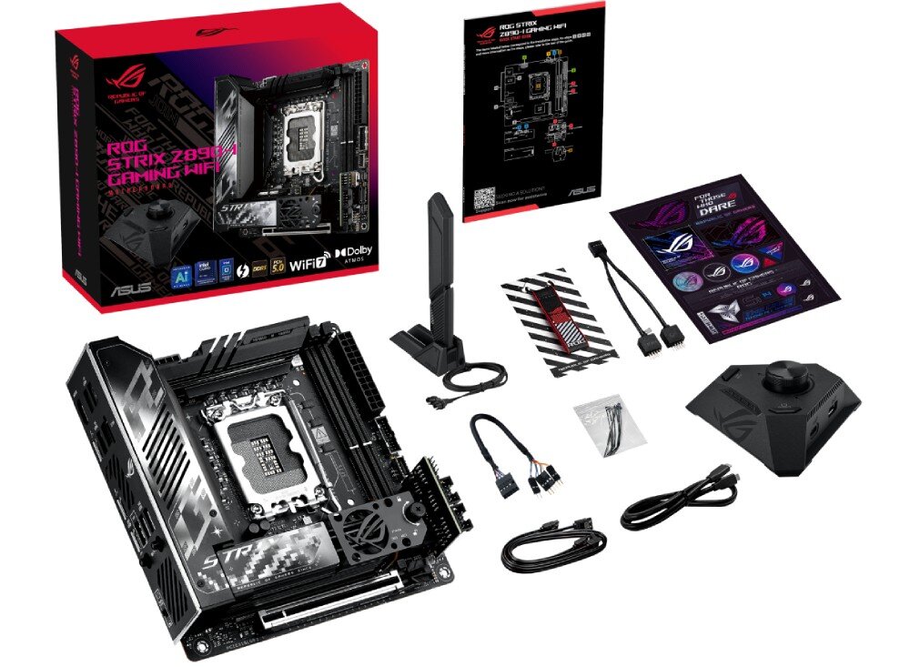Płyta główna ASUS ROG Strix Z890-I Gaming WiFi Zestaw elementów obejmujący pudełko z grafiką produktu, płytę główną mini-ITX, antenę Wi-Fi, przewody, instrukcję, naklejki i dodatkowe akcesoria ułożone na białym tle