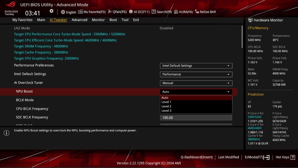 Płyta główna ASUS ROG Strix Z890-I Gaming WiFi Zrzut ekranu z BIOS-u w trybie 'Advanced Mode' z zakładką 'Ai Tweaker' i zaznaczoną opcją 'NPU Boost', wydajność, sztuczna inteligencja