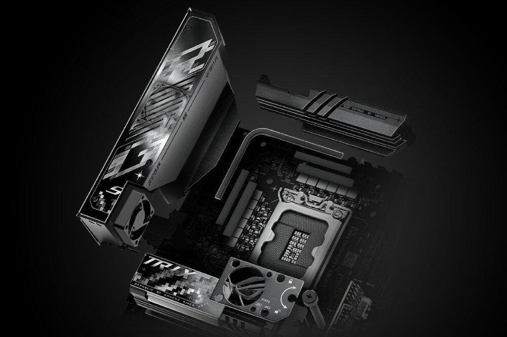 Płyta główna ASUS ROG Strix Z890-I Gaming WiFi Rozłożony widok płyty głównej mini-ITX z oddzielonymi elementami chłodzenia i radiatorami na czarnym tle, chłodzenie, radiatory, wentylatory