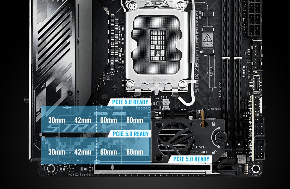 Płyta główna ASUS ROG Strix Z890-I Gaming WiFi Zbliżenie na płytę główną z oznaczeniem miejsc na dwa sloty M.2 PCIe 5.0 z naniesionymi wymiarami nośników, interfejs PCIe 5.0, montaż