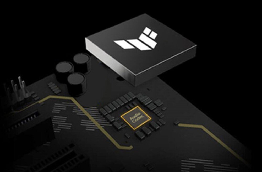 Płyta główna ASUS TUF Gaming Z890-PRO WiFi Zbliżenie na płytkę drukowaną z układem dźwiękowym oznaczonym napisem 'Audio Codec' oraz sąsiadującymi elementami elektronicznymi