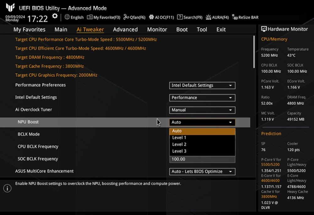 Płyta główna ASUS TUF Gaming Z890-PRO WiFi Ekran interfejsu BIOS komputera z menu opcji i podświetloną funkcją 'NPU Boost' oraz szczegółowymi parametrami pracy podzespołów