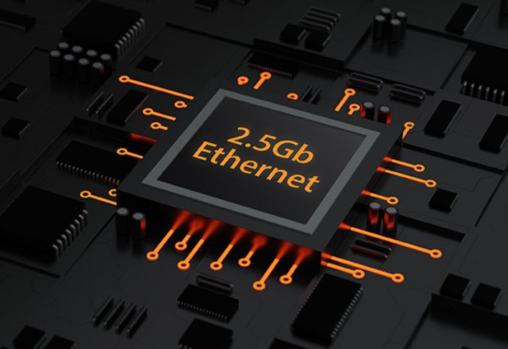 Płyta główna ASUS TUF Gaming Z890-PRO WiFi Ilustracja układu scalonego na płytce drukowanej z napisem '2.5Gb Ethernet' i podświetlonymi ścieżkami połączeń