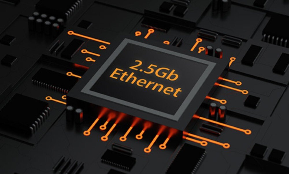 Płyta główna ASUS TUF Gaming Z890-PLUS WiFi Grafika układu scalonego z napisem '2.5Gb Ethernet' na tle ciemnej płyty z pomarańczowymi ścieżkami, karta sieciowa, łączność Wi-Fi, antena