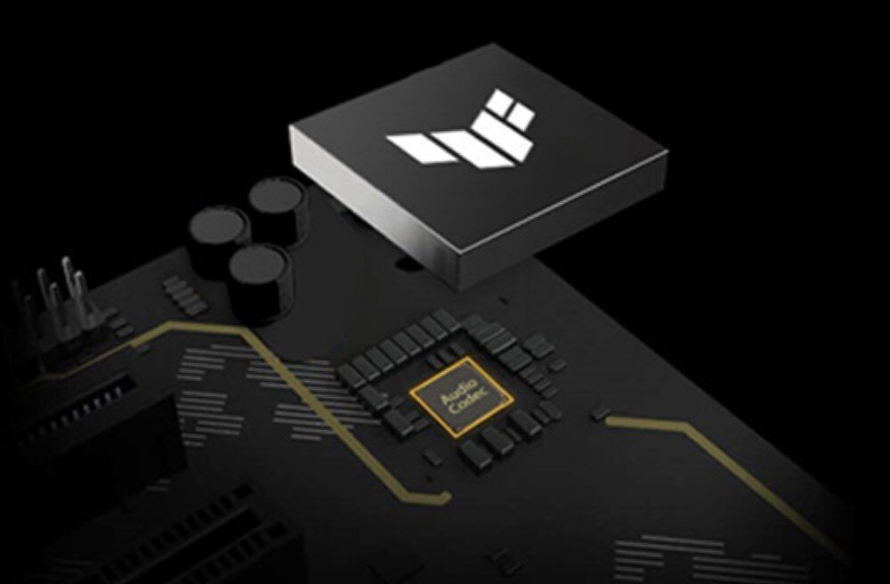 Płyta główna ASUS TUF Gaming Z890-PLUS WiFi Zbliżenie na fragment płyty głównej z widocznym układem oznaczonym jako 'Audio Codec' oraz dużym czarnym elementem z białym logo na czarnym tle, dźwięk, układ audio