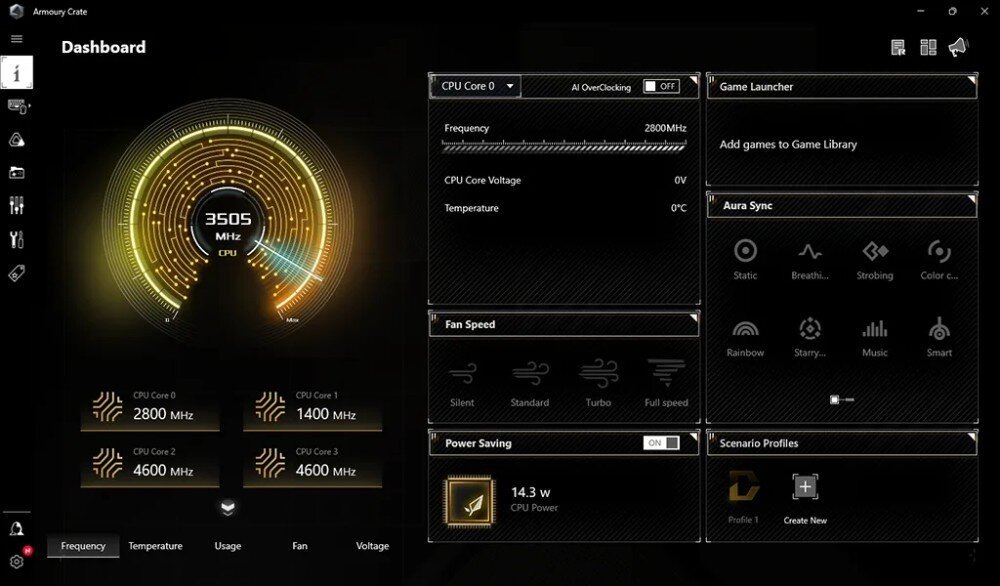 Płyta główna ASUS TUF Gaming Z890-PLUS WiFi Zrzut ekranu aplikacji z panelem 'Dashboard' przedstawiający prędkość procesora, napięcia, temperatury, prędkość wentylatorów i ustawienia podświetlenia, BIOS, ustawienia, sterowniki