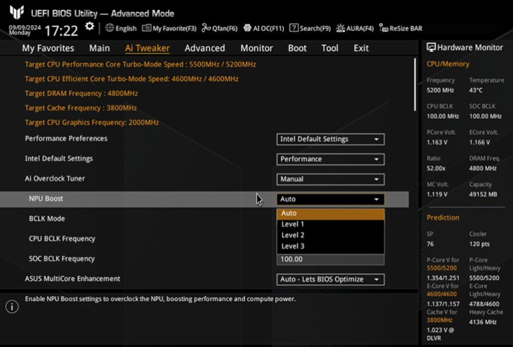Płyta główna ASUS TUF Gaming Z890-PLUS WiFi Zrzut ekranu UEFI BIOS w trybie zaawansowanym z zakładką Ai Tweaker i rozwijaną opcją NPU Boost, NPU, wydajność