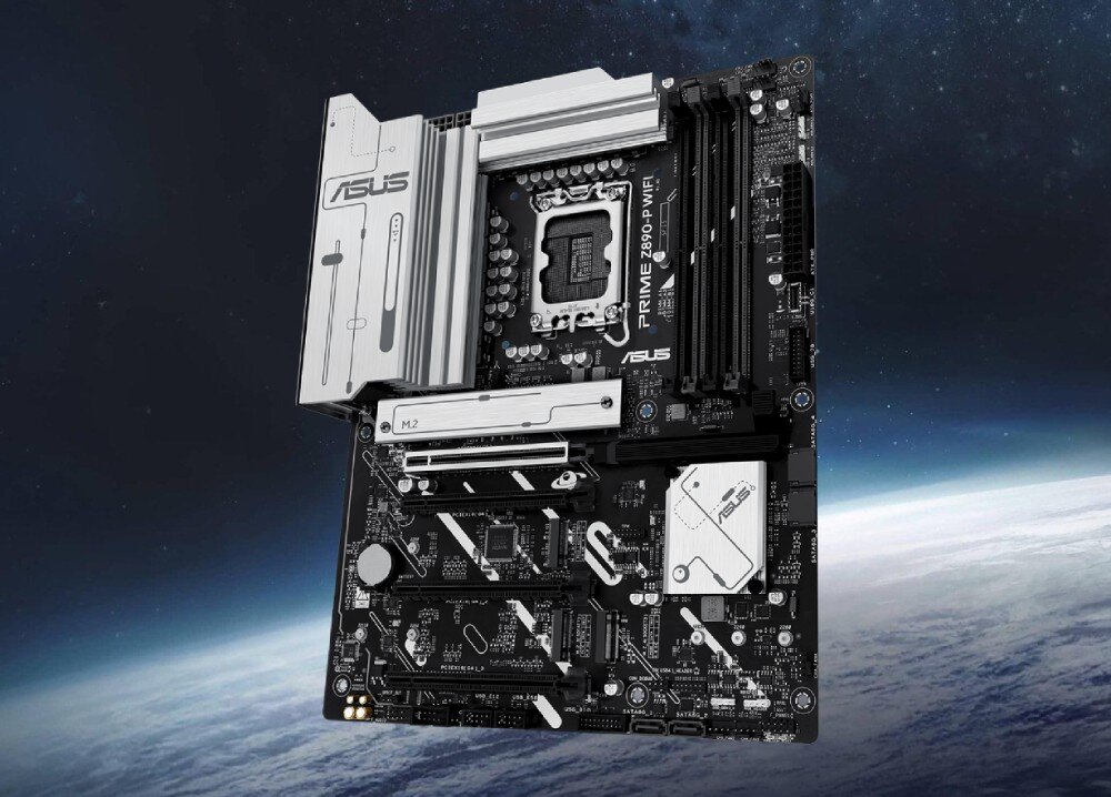 Płyta główna ASUS Prime Z890-P WiFi Płyta główna na tle kosmosu, ukazana pod lekkim kątem, opis