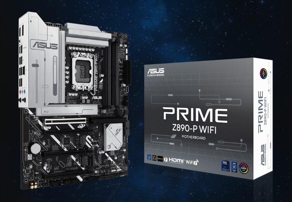 Płyta główna ASUS Prime Z890-P WiFi Płyta główna obok pudełka, które prezentuje nazwę modelu i kluczowe informacje o produkcie, kompatybilność, procesory, cechy, zalety