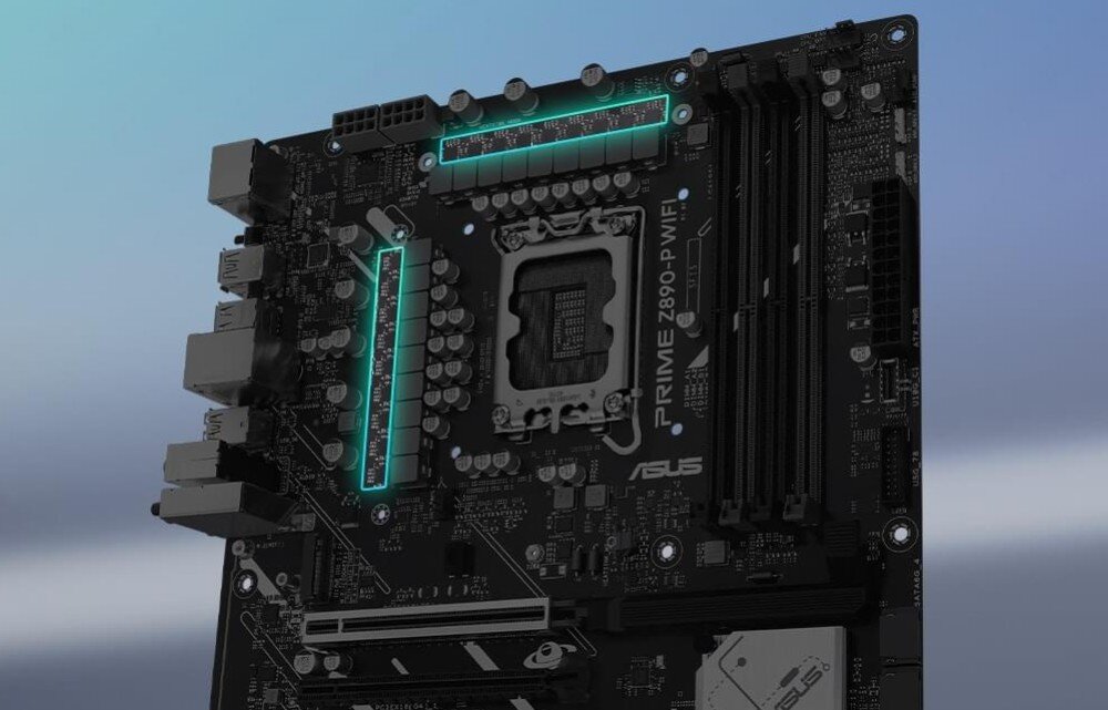 Płyta główna ASUS Prime Z890-P WiFi Wizualizacja podświetlenia sekcji zasilania płyty głównej. Zaznaczone zostały kluczowe komponenty, układ zasilania, fazy, moc