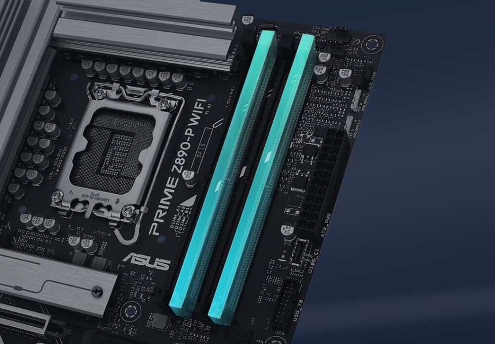 Płyta główna ASUS Prime Z890-P WiFi Grafika podkreślająca obsługę modułów pamięci RAM, z zaznaczonymi slotami, pamięć DDR5, taktowanie, technologie