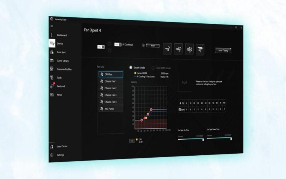 Płyta główna ASUS Prime Z890-P WiFi Zrzut ekranu oprogramowania Fan Xpert 4, prezentujący możliwość sterowania wentylatorami , chłodzenie, radiatory, wentylatory,