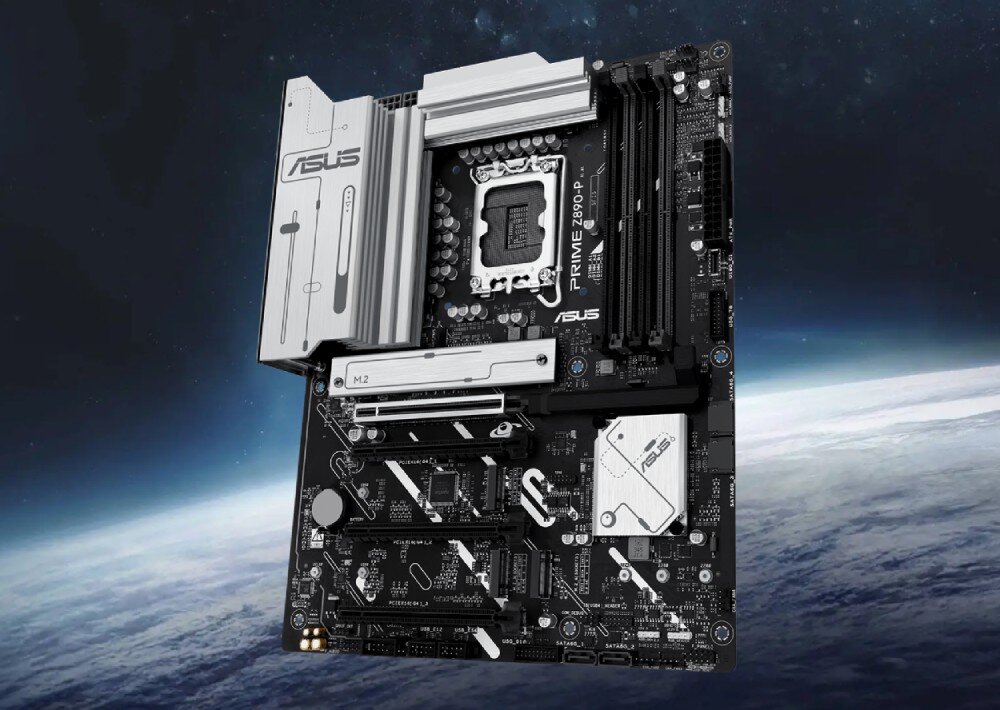 Płyta główna ASUS Prime Z890-P Płyta główna na tle kosmosu, ukazana pod lekkim kątem, opis