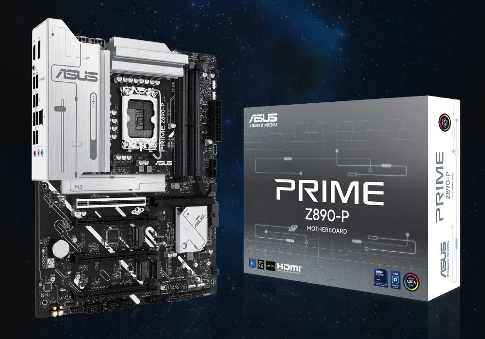 Płyta główna ASUS Prime Z890-P Płyta główna obok pudełka, które prezentuje nazwę modelu i kluczowe informacje o produkcie, kompatybilność, procesory, cechy, zalety