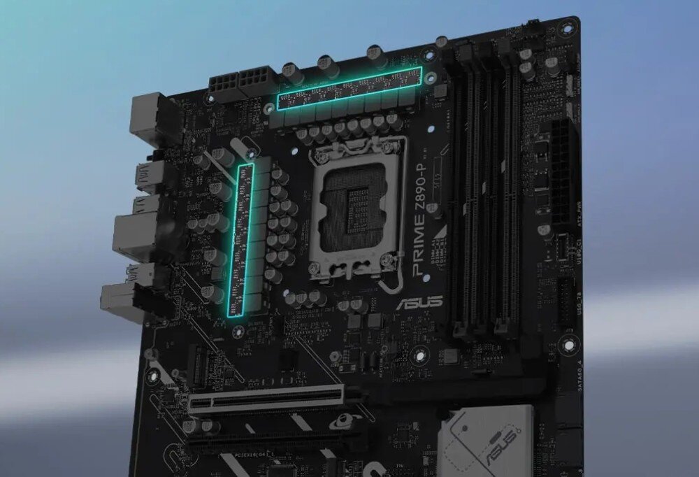 Płyta główna ASUS Prime Z890-P Wizualizacja podświetlenia sekcji zasilania płyty głównej. Zaznaczone zostały kluczowe komponenty, układ zasilania, fazy, moc