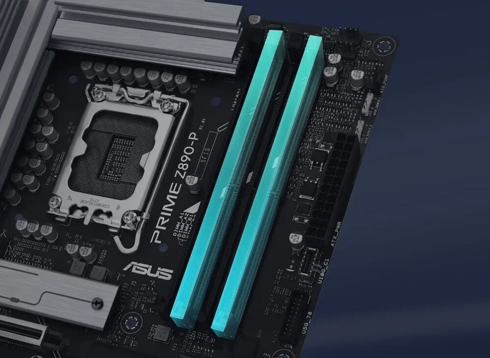 Płyta główna ASUS Prime Z890-P Grafika podkreślająca obsługę modułów pamięci RAM, z zaznaczonymi slotami, pamięć DDR5, taktowanie, technologie