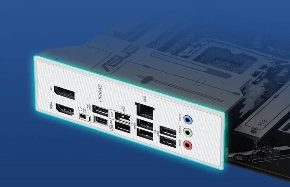 Płyta główna ASUS Prime Z890-P Tylny panel płyty głównej z podświetlonymi portami, port USB-C, szybkość, złącze PCIe 5.0