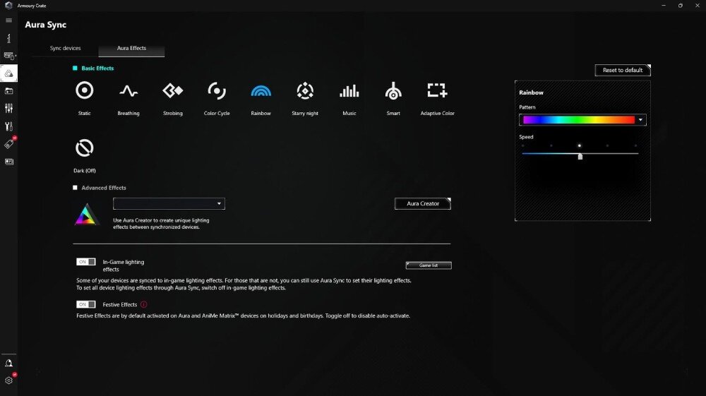 Płyta główna ASUS Prime Z890M-PLUS WiFi Interfejs aplikacji do sterowania podświetleniem Aura Sync. Użytkownik może wybierać spośród różnych efektów świetlnych, podświetlenie, efekty, aplikacja