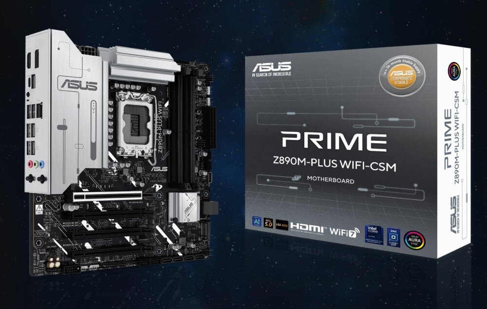 Płyta główna ASUS Prime Z890M-PLUS WiFi Płyta główna wraz z opakowaniem na tle przestrzeni kosmicznej. Na pudełku widnieje nazwa modelu, logo producenta oraz informacje, kompatybilność, procesory, chipset