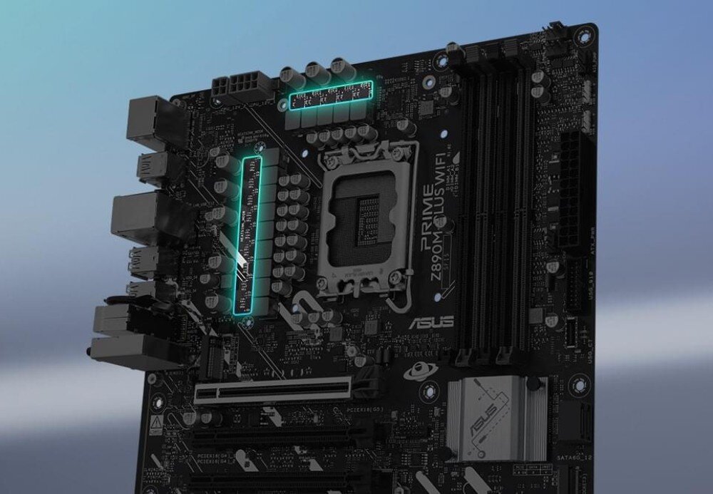 Płyta główna ASUS Prime Z890M-PLUS WiFi Zbliżenie na sekcję zasilania płyty głównej. Podświetlony fragment podkreśla rozmieszczenie komponentów, zasilanie, moc, technologie, radiatory, PCB