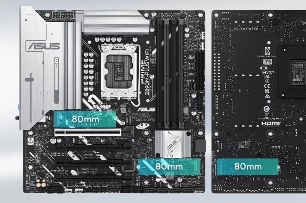 Płyta główna ASUS Prime Z890M-PLUS WiFi Widok płyty głównej z zaznaczonymi na niebiesko miejscami na dyski M.2, dyski M.2, przepustowość, macierze RAID