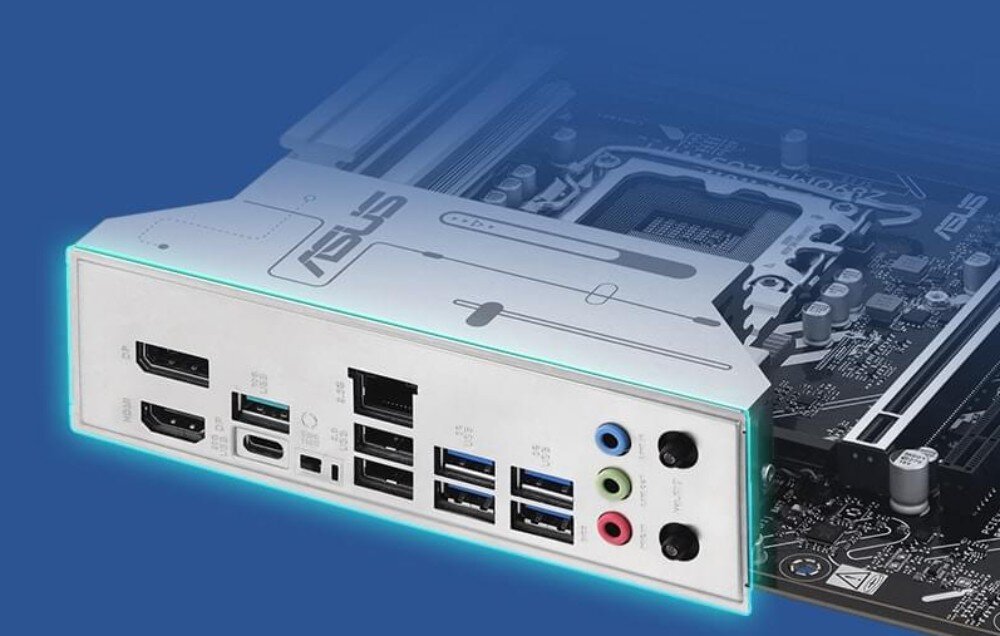 Płyta główna ASUS Prime Z890M-PLUS WiFi Panel tylny płyty głównej, przedstawiający dostępne porty, gniazda, podłączenie, interfejs PCIe 5.0