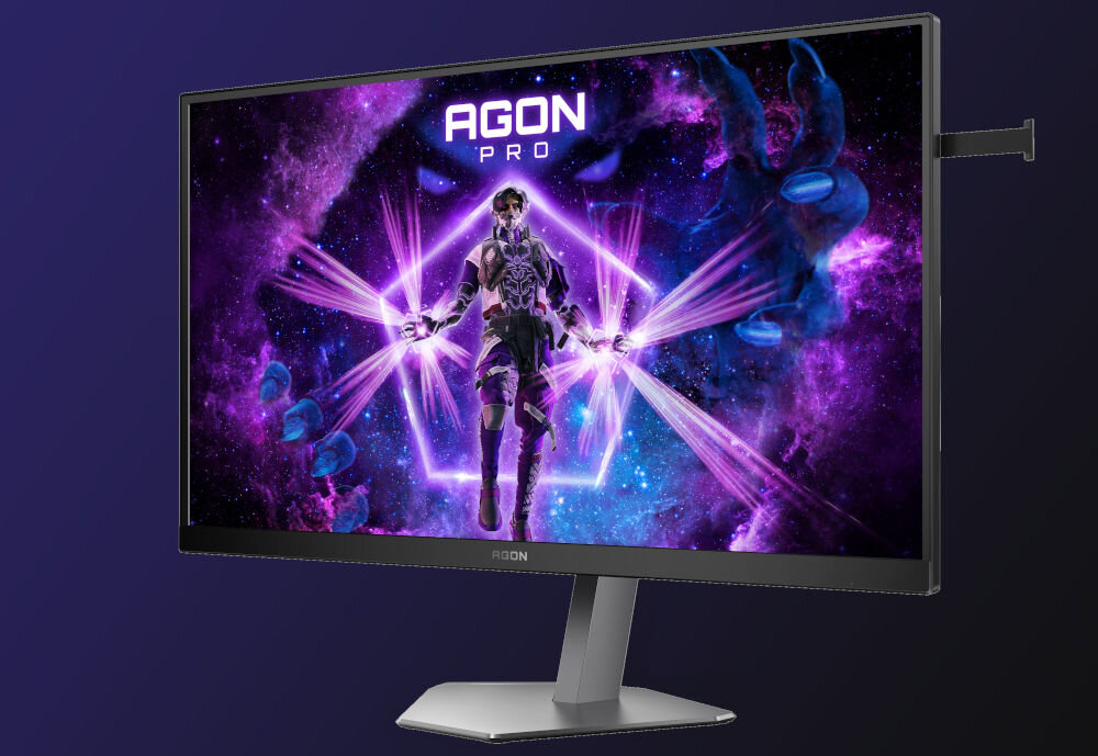 Monitor AOC Agon Pro AG276FK 27 cali 1920x1080 IPS 520Hz 0.3 ms [MPRT] Monitor wyświetlający grafikę z postacią w futurystycznym stroju na tle z gradientem