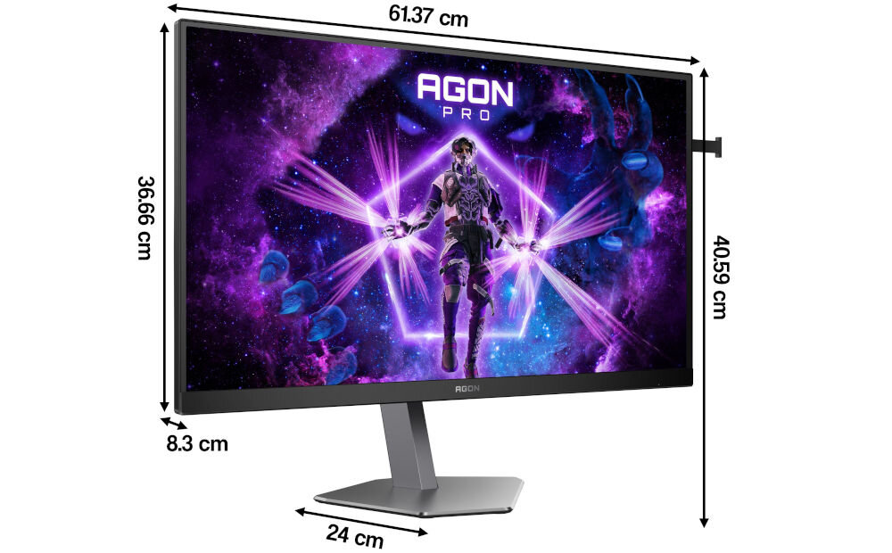 Monitor AOC Agon Pro AG276FK 27 cali 1920x1080 IPS 520Hz 0.3 ms [MPRT] prezentacja monitora na białym tle od przodu pod kątem z wymiarami elegancki design wymiary stabilność podstawa stabilność