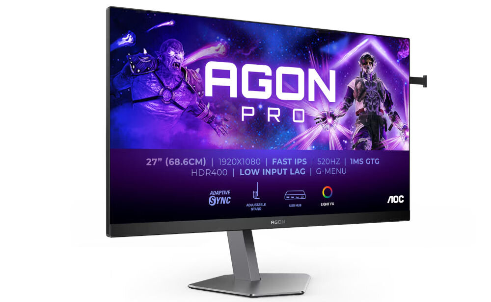 Monitor AOC Agon Pro AG276FK 27 cali 1920x1080 IPS 520Hz 0.3 ms [MPRT] prezentacja monitora pod kątem od przodu na białym tle, odświeżanie, czas reakcji, płynność porównanie 