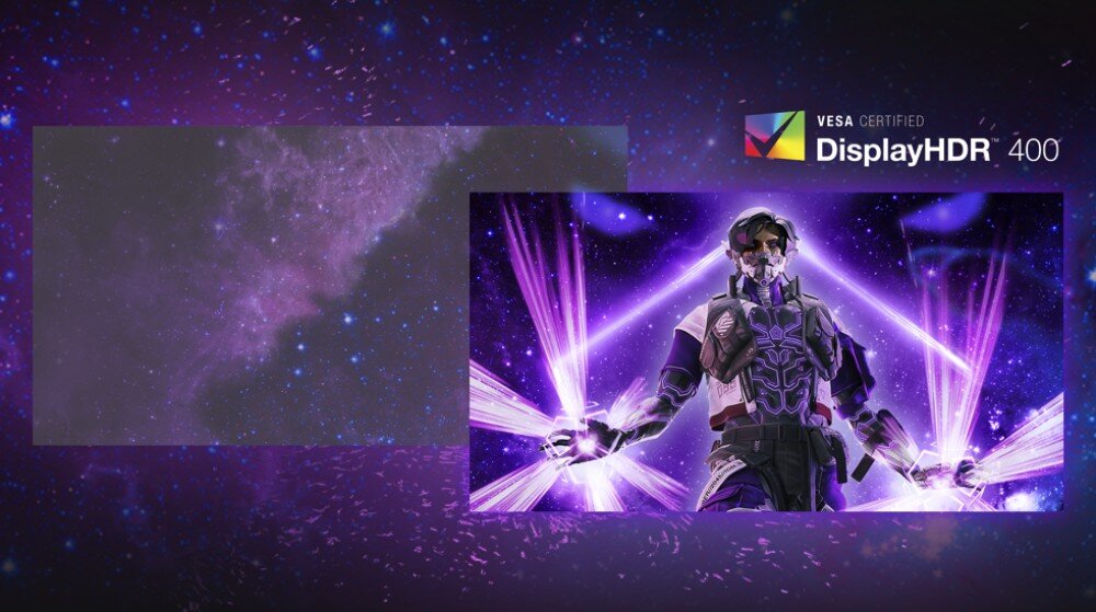 Monitor AOC Agon Pro AG276FK 27 cali 1920x1080 IPS 520Hz 0.3 ms [MPRT] Obraz z efektem HDR, po lewej stronie wyblakła grafika, po prawej stronie ten sam motyw w kontrastowych i jasnych kolorach, z logotypem DisplayHDR 400, matryca, rozdzielczość, jasność, kolory, dokładność