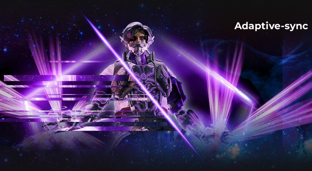 Monitor AOC Agon Pro AG276FK 27 cali 1920x1080 IPS 520Hz 0.3 ms [MPRT] Postać w ciemnym stroju rozdzielana przez fioletowe linie symbolizujące rwanie obrazu, w prawym górnym rogu napis 'Adaptive-sync', Adaptive-sync, synchronizacja uniknięcie efektu rwania obrazu bez zakłóceń wizualnych