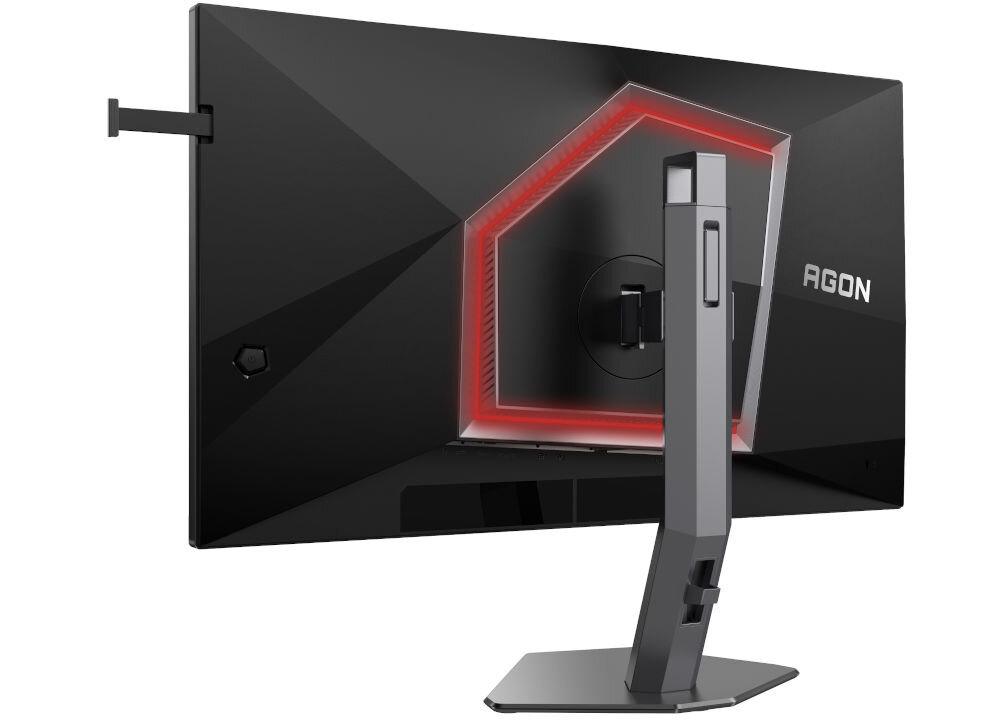 Monitor AOC Agon Pro AG276FK 27 cali 1920x1080 IPS 520Hz 0.3 ms [MPRT] prezentacja monitora od tyłu pod kątem na białym tle, podstawa, regulacja, ergonomia pivot obrót